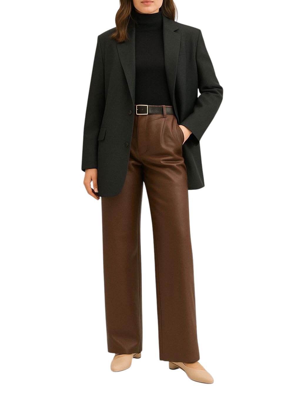 Mississhop Pantalon pour femme en cuir synthétique avec ceinture