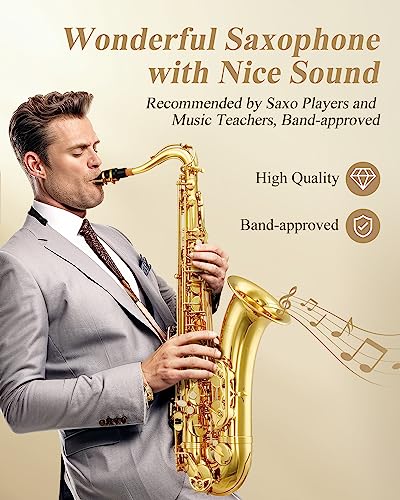 Image of Eastar Tenor Saxophone, B Flat Golden Lacquer Beginner Kit with Cleaning Cloth, Case, Mouthpiece, Neck Strap, Reeds, TS-Ⅱ