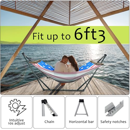Image of Tranquillo Sturdy Steel Hammock with Stand Premium Cotton Canvas Hammock, 600 lbs Capacity Hammock Stand Folding, Portable 30-Second Fold Unfold, for Camping, American Flag