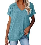 Women's Casual Short Sleeve T Shirts V Neck Raglan Rolled Sleeve Loose Side Split Tunic Tops