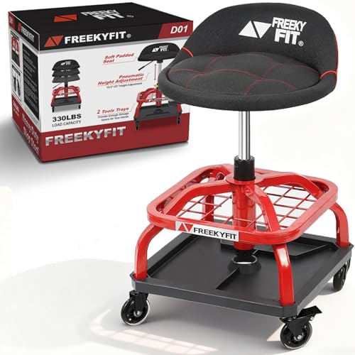 Image of Rolling Shop Stool with Wheels, Garage Work Mechanic Stool with Backrest, Roller Mechanic Chair, Adjustable Height, 360 Swivel, Tool Tray Storage, 330 LBS Capacity, Heavy Duty, Red