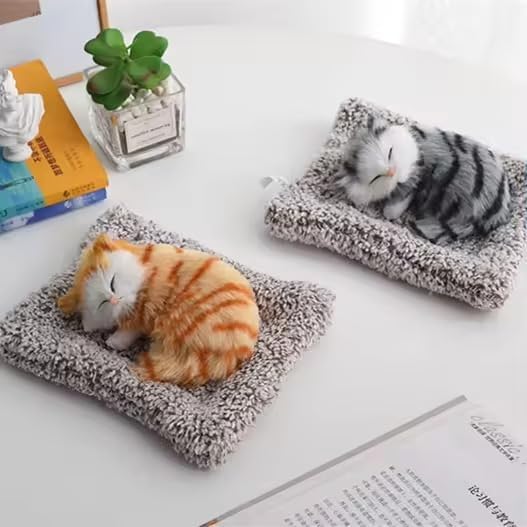 Image of Sleeping Cat Plush Toy with Press Simulation Sound, Sleeping Cat Stuffed Animal Fur Soft Toys with Sound for Kids Car Dashboard Cat & Office Desk (Golden & Black)