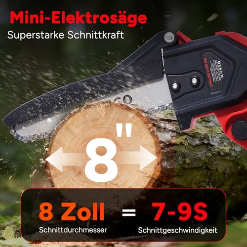 OUTIGO Akku Kettensäge 8 Zoll, Bürstenloser Motor 800W, 2x 4000mAh Lithium-Ionen Akku, Handkettensäge für Baum- und Astschnitt, Gartensäge für Holzarbeiten (mit Ladegerät)