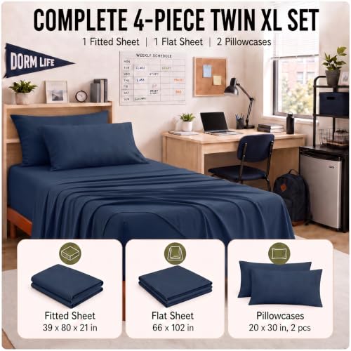 Image of CozyLux 4-Piece Twin XL Sheets, Fits 18-21 Inch Mattresses, Oeko-TEX | 2 Pillowcases, 1 Flat Sheet and 1 Fitted Sheet with All-Around Elastic and 21-Inch Deep Pocket for a Secure Fit, Navy