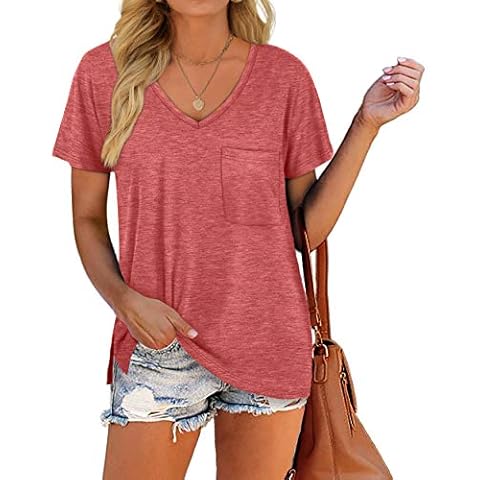 T Shirt for Women Summer V Neck Cute Solid Pocket Tee Tops Coral M Cover