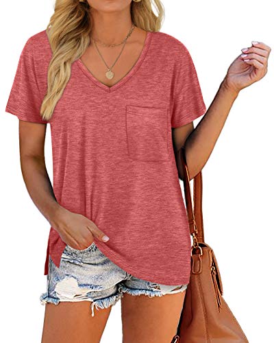 T Shirt For Women Summer V Neck Cute Solid Pocket Tee Tops Coral M #TOP20