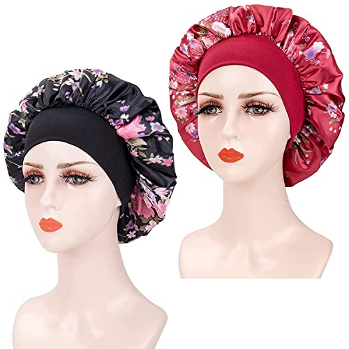 2 Pieces Bonnet Satin Cheveux Nuit, Bonnet en Soie pour Femme, Bonnet de Nuit en Satin, Bonnet en Satin à Bande Élastique Douce, Bonnet de Nuit en Satin pour Le Soin Des Cheveux (Bordeaux+Noir) Cover