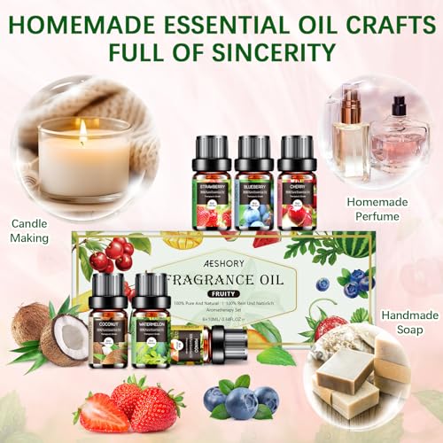 AESHORY Fruchtig Ätherische Öle Set für Diffuser 6 x 10ML, Aromatherapie Duftöl Geschenkset, 100% Naturrein Aroma Öl für Luftbefeuchter - Erdbeere, Heidelbeere, Kirsche, Kokosnuss, Wassermelone, Mango