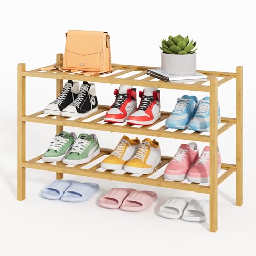 Kitsure Bambus-Schuhregal für den Schrank – 3-stufiger stapelbarer Schuhorganizer mit modularer Struktur, platzsparende Schuhablage für Eingangsbereich, 68,0 cm x 28,0 cm x 48,0 cm, Naturfarben
