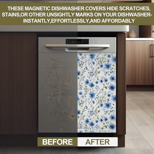 Image of Blue Floral Magnetic Dishwasher Cover,Cornflower Dishwasher Covers for The Front Magnetic Dishwasher Panel Decal Cover for Kitchen 23x26inch