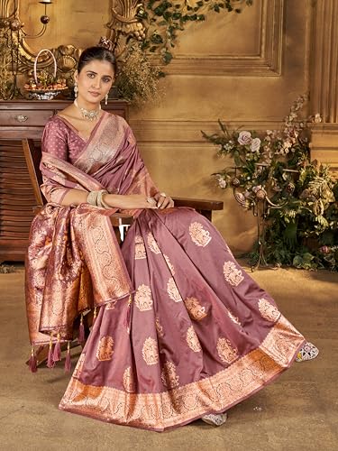 Image of Mehrang Women's Banarasi Silk Kanjivaram Saree For Wedding With Pure Zari Work, Woven Design, With Unstitched Blouse Piece