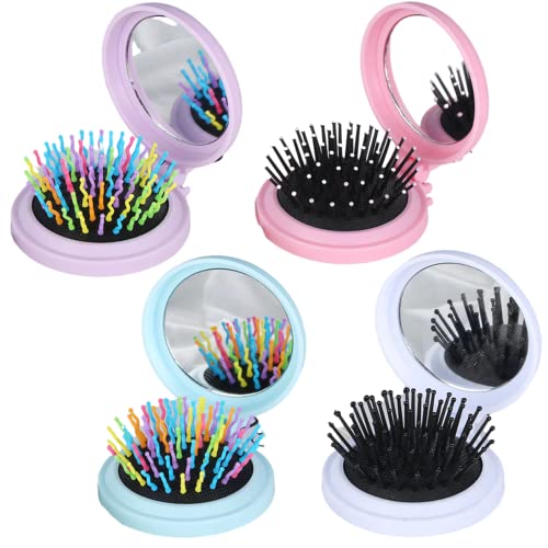 KAIRUIERD 4 Pack Folding Travel Mirror Hair Brushes Round Pocket Hair Brush Mini Round Folding Comb,Pocket Comb Folding Mirror for Travel Women and Girls
