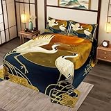 Japanese Crane Bedspread Queen Size,Gold Sun Cloud Stripes Bedding Sets 3Pcs,Retro Ukiyoe Leaf Print Comforter Set for Adult Women Men Room Decor,Wild Animals Coverlet Quilt,2 Pillowcases