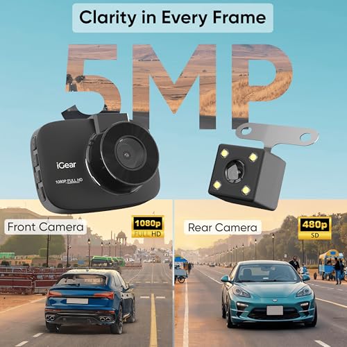 Image of iGear VueCam Full HD 1080P Car Dash Cam, Front & Rear Recording, 2.2 inch LCD, G-Sensor, Parking Mode, Motion Detection | Loop Recording, Wi-Fi App Control, Type-C, Wide Angle 140, Supports 64GB Micro SD