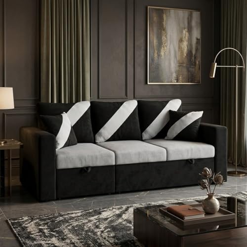 Image of FURNY Trivia 4 Seater LHS Lounger Sofa Cum Bed (Light Gray - Black) with Pull-Out Function | Luxury Velvet Suede Finish | Durable Comfort | Ideal for Living Room