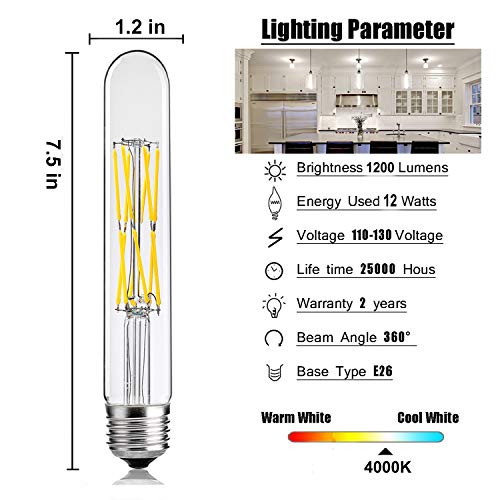 Leools 12W Dimmable Edison Led Tubular Bulb T10/T30,E26 Medium Base Filament Lamp 100 Watt Equivalent 4000K Daylight Glow,Vintage Antique Bulbs,7.3In(185Mm),3-Pack #TOP2