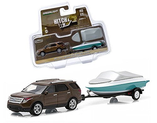 Greenlight New 1:64 Hitch & Tow Series 4 - Brown 2013 Ford Explorer and Boat with Trailer Diecast Model Car