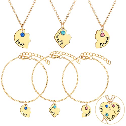 6 Pcs Best Friends Forever and Ever BFF Necklaces and Bracelet Printed Puzzle Broken Heart Pendant Necklaces Set Alloy Friendship Necklace Best Friend Jewelry for Connected Necklace(Gold)