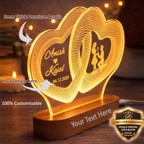 Image of Anniversary Personalized Infinity Heart LED Lamp for Couples | 3D Illusion Custom Night Light for Wedding Marriage & Engagement | Warm White Acrylic Lamp for Wife Romantic Gifts