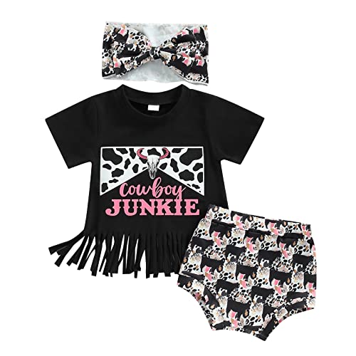 Image of MA&BABY Western Infant Girl Summer Clothes 3Pcs Outfits Cow Letter Print Tassel T-Shirt + Shorts Bow Headband (Cowboy Jungle, 0-6 Months)