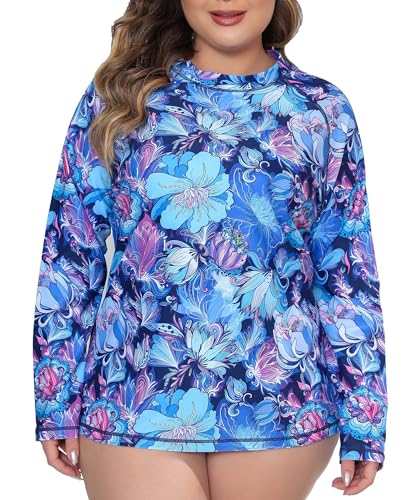 Halcurt Schwimmshirt Damen Übergröße UV Shirt Langarm Rash Guard UPF 50+ Sonnenschutz Badeshirt Schnell Trocknender Bademode 2X