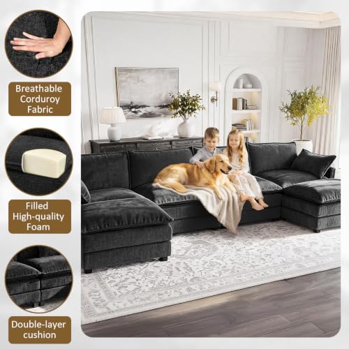 Image of 146 inch U-Shape Modular Sofa with 2 Ottomans, Deep Seat Cloud Convertible Sleeper, 2 Arm Pillows, Comfortable Large Upholstered Furniture for Living Room Apartment, Black