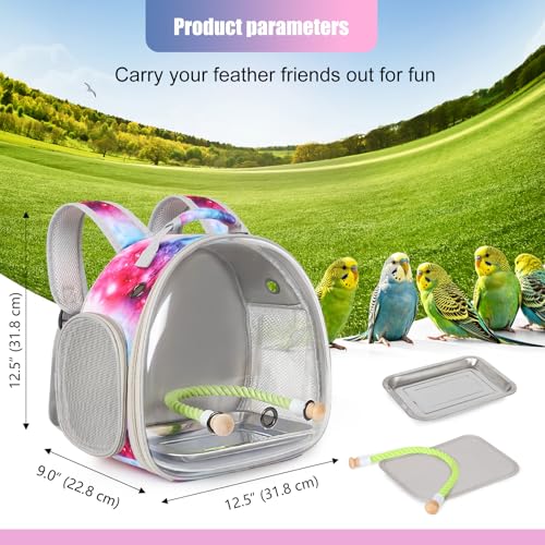 Image of Small Bird Travel Carrier Backpack for Parakeet, Budgies, Cockatiel, Conure, with Clear Windows, Galaxy Print
