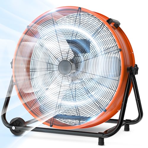 Image of LifePlus 24 Inch Industrial Drum Fan High Velocity Floor Fan 3 Speed, Heavy Duty Metal Air Circulator with Adjustable Tilt & Large Wheel for Warehouse, Garage, Factory, Patio, Barn, Shop, Orange