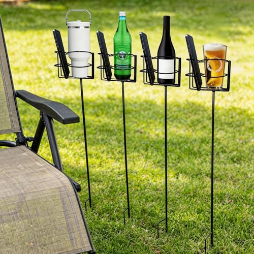 QCF Outdoor Cup Holders Beach Metal Drink and Phone Holder Portable Heavy Duty 4-Piece Beer & Beverage Stakes Set Suitable for Oudoors Activitie Camping & Picnics Yard Party Holds Cans Bottles & Cups