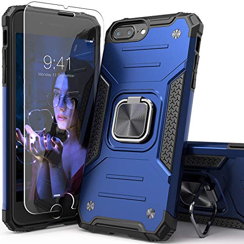 IDYStar iPhone 8 Plus Case with Tempered Glass Screen Protector, Hybrid Drop Test Cover with Card Mount Kickstand Slim Fit Protective Phone Case for iPhone 8 Plus 7 Plus 6S Plus 6 Plus, Blue