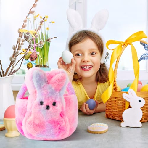 Image of Easter Fluffy Bunny Basket - Soft Plush Basket Hunting Egg Candy Reusable Tote Bags for Easter Spring Party Decorations Supplies Baby Shower - 11.8 x 9.8 inch (Pink Blue)