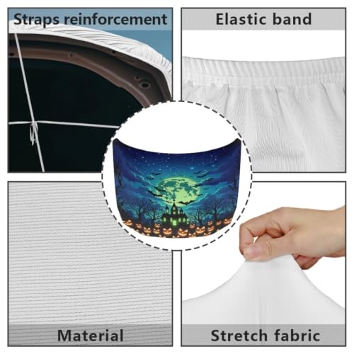 Image of Haunted House Night Sky Print Car Hood Cover Stretchable Auto Hood Wrap Blankets Waterproof Automotive Halloween Outdoor Decorations for Compact Sedans SUV Trucks Van