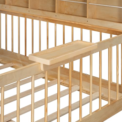 Image of Full Size House Bed with 2 Large Drawers & LED Strip Natural-T | Side Bookshelf, Cozy Reading Nook & Playhouse for Boys & Girls