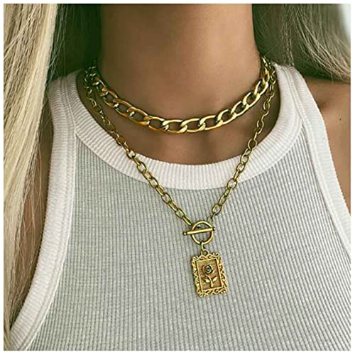 TseanYi Layered Rose Square Necklace Geometric Square Pendant Necklace Gold Punk Cuban Chain Necklace T Bar Necklace Jewelry for Women and Girls