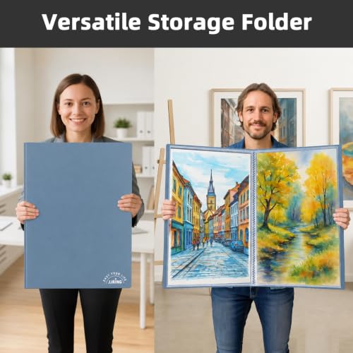 Image of 18x24 Blue Art Portfolio Folder Displaying 48 Pages With Plastic Sleeves | 24-Pocket Presentation Book Binder For Artwork Storage Featuring Dark Inner Paper Inserts Protective Document Archival Holder