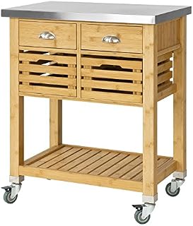 SoBuy® FKW40-N, Bamboo Kitchen Serving Trolley Storage Trolley Cart with Stainless Steel Worktop