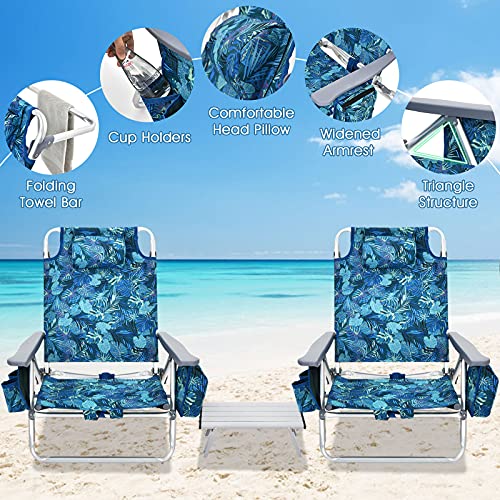 Image of Giantex Folding Beach Chair, Patio Sling Chairs with 5 Adjustable Position, Head Pillow, Storage Bag, Towel Bar, Cup Holders, Backpack Chairs for Sunbathing, Camping Chair