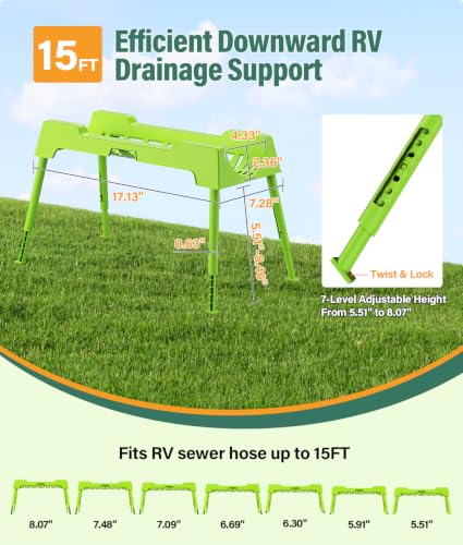 Image of RV Sewer Hose Support, 15FT Heavy-Duty Camper Waste Hose Holder with 7 Foldable Sections, Adjustable & Stable Waste Drainage Support with Strap, Stackable & Weather-Resistant, Green (Patent Pending)