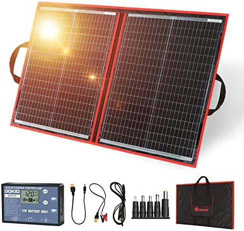 DOKIO 110 W 18 V moduł solarny monokrystaliczny, przenośny, składany panel słoneczny + kontroler solarny (wyświetlacz LCD + 2 wyjścia USB)