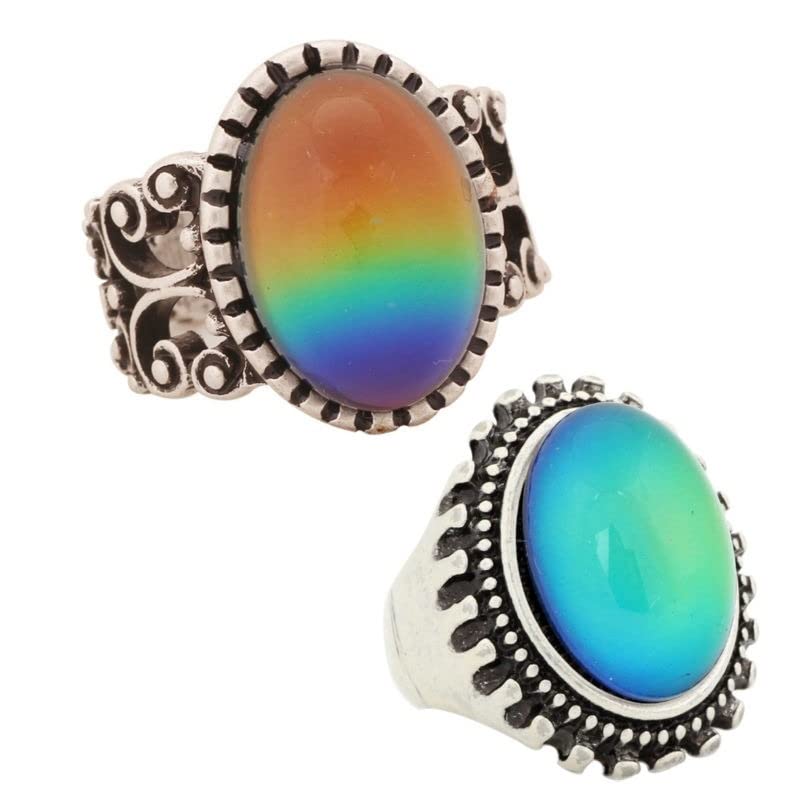 LOKILOKI 2 Uds Anillos De Estado De Ánimo Que Cambian De Color Chapados En Plata Antigua Que Cambian La Temperatura del Color Conjunto De Anillos De Sensación De Emoción para Mujeres/Hombres