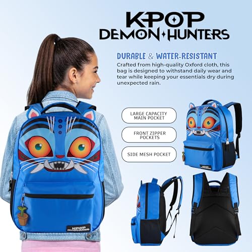 Image of AI ACCESSORY INNOVATIONS K-Pop Demon Hunters 16 inch Backpack for Girls, Featuring a Big Face Derby with 3D Ears and Embroidery, Rubber Molded Bag Charm, Derby