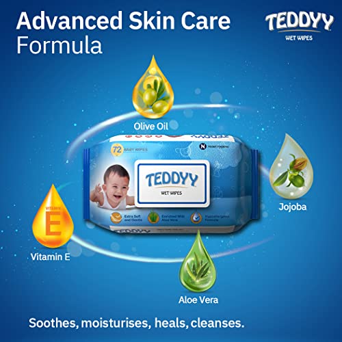 Image of Teddyy Soft Cleansing Baby Wet Wipes with Lid | 144 Wipes | Special Germ Protection | Anti - Rash | Enriched With Aloe Vera and Vitamin E | 72 Wipes x 2 Packs