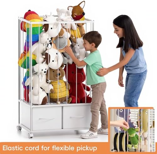 Erjiacun Large Stuffed Animal Storage Tower - Metal Stuffy Zoo with 2 Fabric Drawers & Wheels, Kids Toy Organizers and Storage for Nursery, Playroom & Bedroom (White) - 5