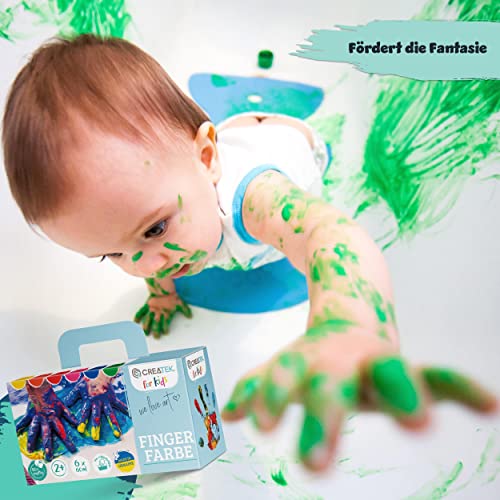 CreaTek - Fingerfarben Kinder ungiftig ab 2 Jahre [ inkl. lustiger Malvorlagen ] 100% sicher, vegan, geruchlos & auswaschbar - 6x leuchtende Grundfarben je 60ml - Fingermalfarben für Kinder ungiftig