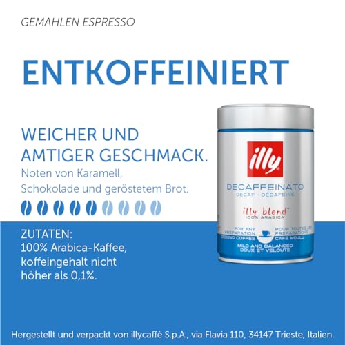 image for illy Ground Coffee Espresso - 100% Arabica Beans – Classico Decaf Ro