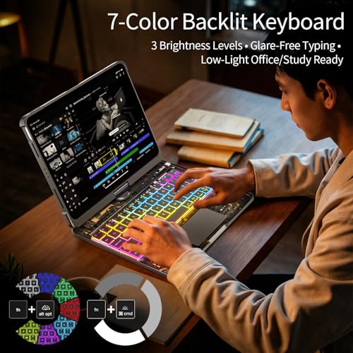 Image of Clear Keyboard Case for iPad Air 11 inch (M3 /M2 2025 /2024), Air 5 /4th Gen 10.9 inch & iPad Pro 11 inch (4th-1st) Transparent, 360 Rotating, Precision Trackpad, 7-Color Backlit, Black