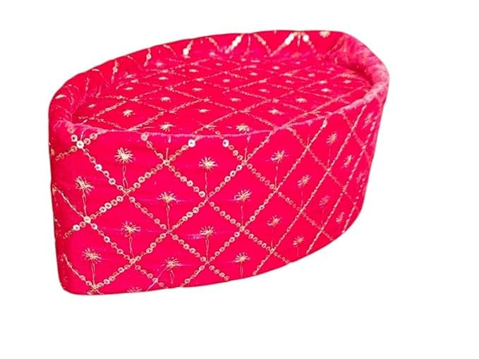 Men's Red Velvet Topi Cap with Gold Chain Trim, Handstitch, Ready to Wear (Pack of 2)