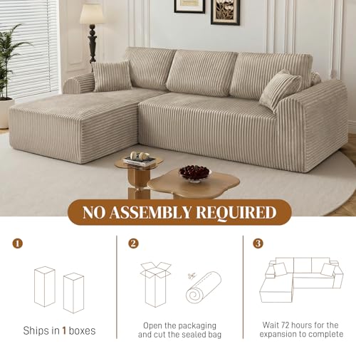 Image of 110 inch L Shaped Boneless Sectional Couches for Living Room, Comfy Corduroy Floor Cloud Sofa with Chaise, Wide Armrest, Deep Seat, Memory Foam, Assembly Free, Ideal for Small Spaces, Brown