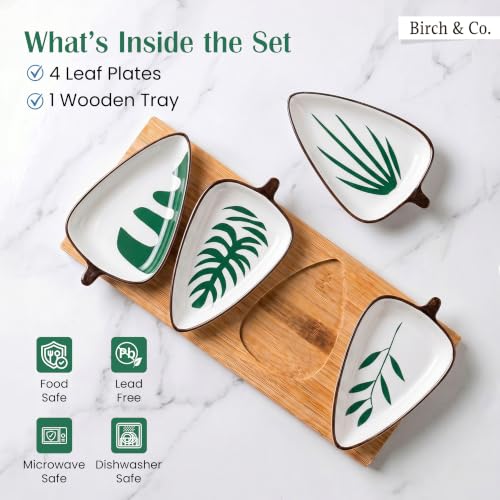 Image of Birch & Co. Ceramic Leaf Serving Platter Set with Wooden Tray - Set of 4 Leaf-Shaped Snack Plates - Serving Tray for Dry Fruits, Sweets, Snacks, Decorative Tableware for Home & Parties, Green