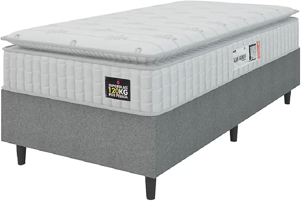 Cama Box Colchão Solteiro Espuma D33 Vangogh 88x188x67cm Branco/Cinza Hellen - Suporta até 120kg por Pessoa